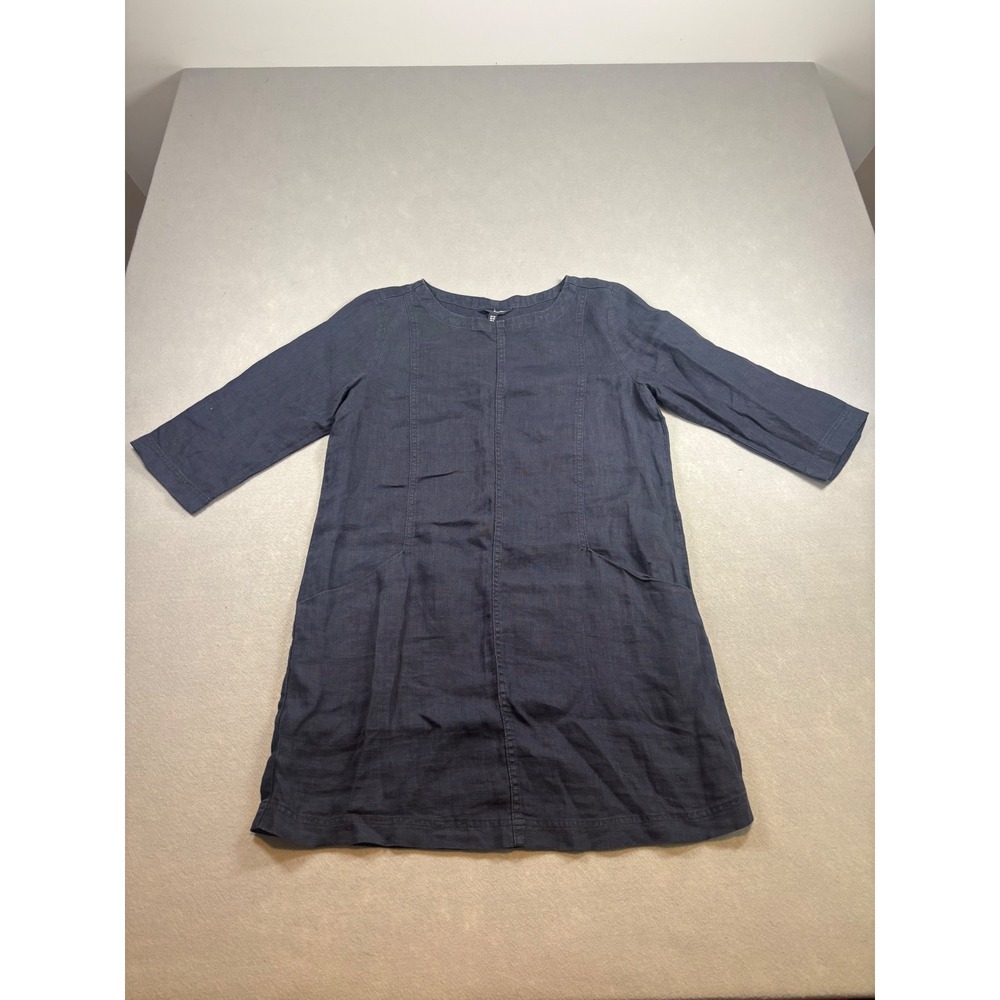 Seasalt Cornwall Navy Blue Linen Shift Dress 3/4 Sleeve Pockets Womens US 6